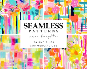 Colourful Abstract Seamless Patterns - Digital Background in Rainbow Neon - Flowers, Fruits and Florals Printable Papers - Scrapbook Paper
