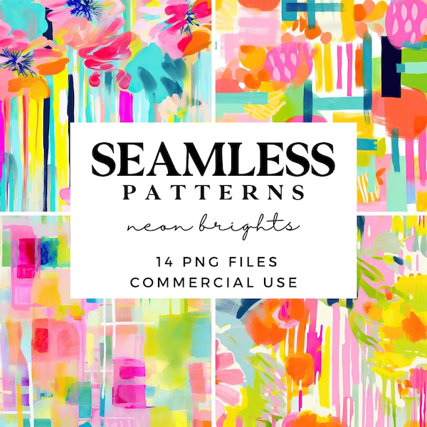Colourful Abstract Seamless Patterns - Digital Background in Rainbow Neon - Flowers, Fruits and Florals Printable Papers - Scrapbook Paper