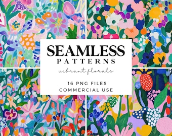 Colourful Floral Seamless Patterns - Vibrant Abstract Flowers Scrapbook Paper - Oil Paint Printable Papers - Sublimation Designs