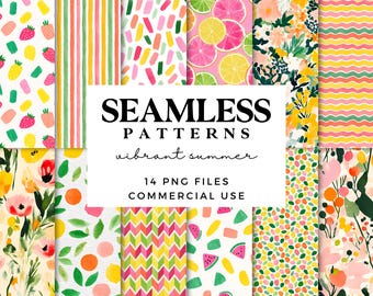 Colourful Summer Seamless Patterns - Digital Background in Rainbow Neon - Flowers, Fruits and Florals Printable Papers - Scrapbook Paper