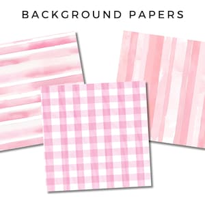 May include: Three digital paper designs in pink and white. The first design is a horizontal stripe pattern. The second design is a gingham pattern. The third design is a vertical stripe pattern.