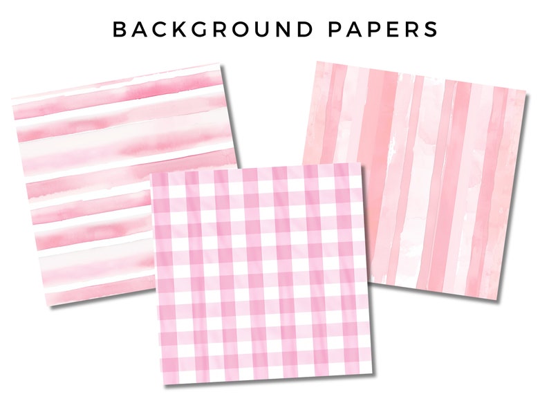 May include: Three digital paper designs in pink and white. The first design is a horizontal stripe pattern. The second design is a gingham pattern. The third design is a vertical stripe pattern.