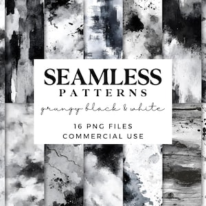 Puede incluir: Una colección de 16 patrones sin costuras en blanco y negro con una estética grunge. Los patrones presentan diseños abstractos con salpicaduras, pinceladas y texturas. La imagen incluye el texto "SEAMLESS PATTERNS grungy black & white 16 PNG FILES COMMERCIAL USE."