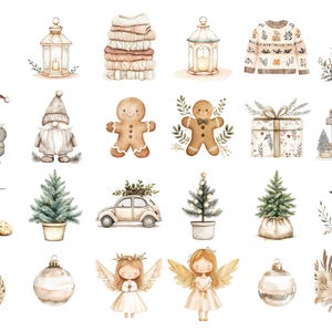 以下が含まれることがあります： クリスマスと冬のテーマを描いた水彩画のイラスト集です。イラストには、ジンジャーブレッドマン、ノーム、クリスマスツリー、ランタン、暖炉、鳥、車、プレゼント、リースなどが含まれています。