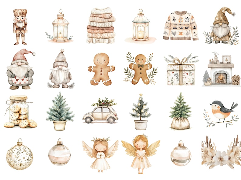 以下が含まれることがあります： クリスマスと冬のテーマを描いた水彩画のイラスト集です。イラストには、ジンジャーブレッドマン、ノーム、クリスマスツリー、ランタン、暖炉、鳥、車、プレゼント、リースなどが含まれています。