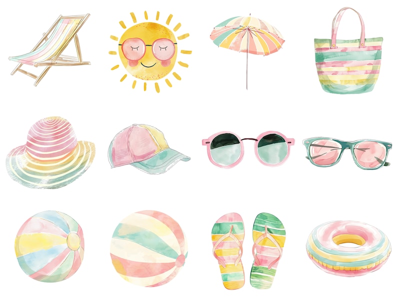 May include: Watercolor illustrations of summer vacation items, including a beach chair, sun, umbrella, beach bag, hat, sunglasses, beach ball, inflatable ring, and flip flops. All items are in pastel colors.