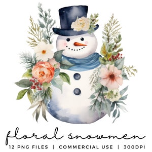 Pacchetto di clipart di pupazzi di neve floreali - Set di clipart di pupazzi di neve acquerellati - Clipart natalizie carine - File PNG trasparenti - Uso commerciale