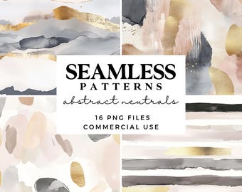 Abstract Neutral Seamless Patterns with Gold - Beige and Gold Watercolour Digital Papers - Printable Scrapbook Paper - Sublimation Designs