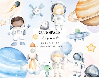 Könnte beinhalten: Ein Set mit Aquarell-Illustrationen mit niedlichen Weltraum-Motiven. Das Set enthält Astronauten, Planeten, eine Rakete, ein Raumschiff, einen Stern und einen Kometen. Die Illustrationen sind perfekt zum Erstellen von Einladungen, Karten und anderen Bastelarbeiten.