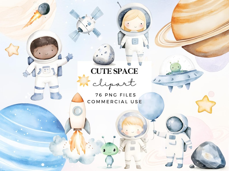 Puede incluir: Un conjunto de ilustraciones de acuarela con personajes y objetos de tem&aacute;tica espacial. El conjunto incluye astronautas, planetas, un cohete, una nave espacial, una estrella y un cometa. Las ilustraciones son perfectas para crear invitaciones, tarjetas y otras manualidades.