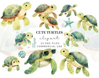 Cute Turtle Clipart - Watercolour Sea Turtle Images - Nursery Wall Art, Kids Party Invites, Baby Showers - Commercial Use Transparent PNG