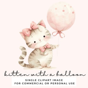Niedliches Kätzchen Clipart - Katze mit Ballon Clip Art für Kinderzimmer, Kinderparty lädt ein, Babyparty - Kommerzielle Nutzung Transparent PNG
