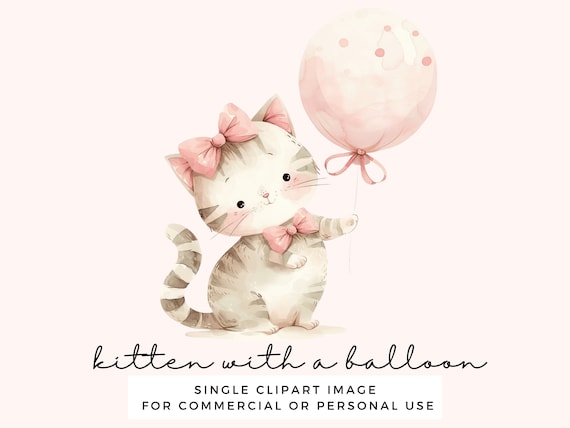 Cute Kitten Clipart - Cat with a Balloon Clip Art for Nursery Wall Art, Kids Party Invites, Baby Showers - Commercial Use Transparent PNG