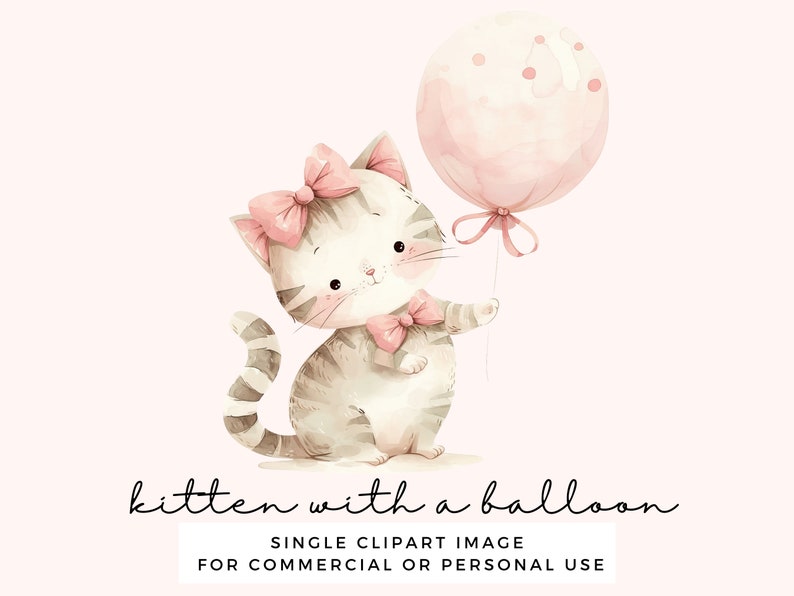 Pu&ograve; includere: Un adorabile gattino di cartone animato con strisce grigie e bianche che indossa un fiocco rosa tiene un palloncino rosa con pois bianchi. Il gattino &egrave; seduto su uno sfondo bianco. Il testo "kitten with a balloon" &egrave; scritto sotto l'immagine.