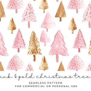 May include: A seamless pattern featuring pink and gold watercolor Christmas trees. The trees are stylized and have a whimsical feel. The pattern is perfect for adding a festive touch to any project.