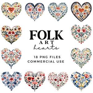 Clipart di cuori di arte popolare ad acquerello - Illustrazioni di clip art di cuori d'amore floreali Rosemaling - Download immediato di file PNG a 300 DPI per la creazione di biglietti