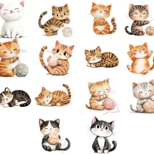 May include: A collection of 13 adorable cartoon cats playing with balls of yarn. The cats are in various poses and colors, including orange, white, brown, and black.
