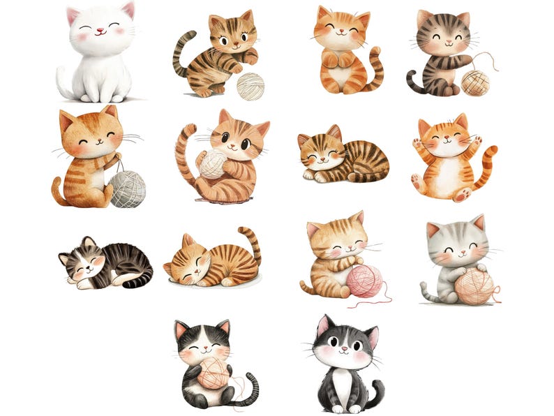 May include: A collection of 13 adorable cartoon cats playing with balls of yarn. The cats are in various poses and colors, including orange, white, brown, and black.