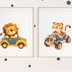 May include: Two framed illustrations of animals driving cars. The first illustration shows a lion driving a blue car with yellow accents. The second illustration shows a tiger driving a blue car with yellow accents.