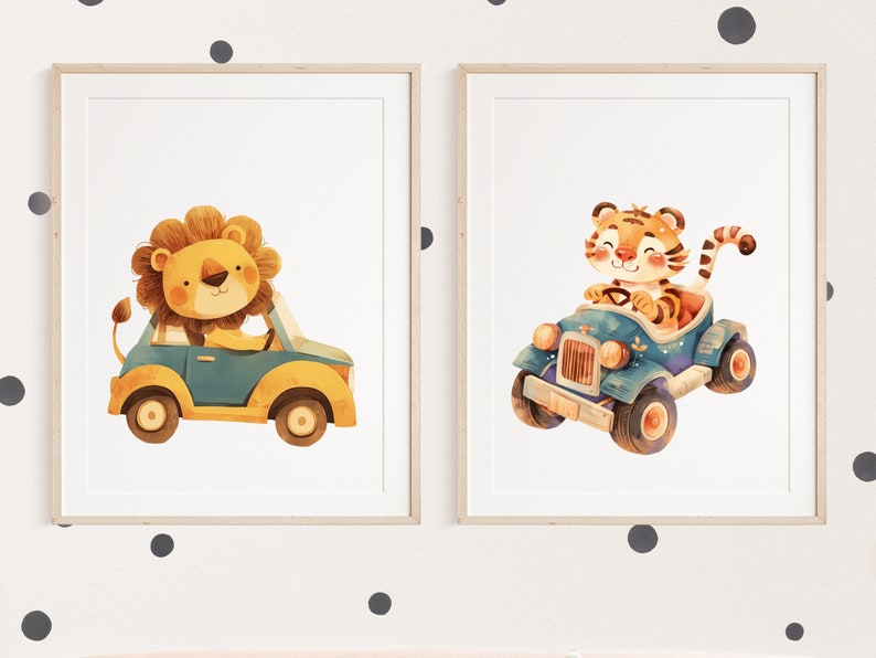 May include: Two framed illustrations of animals driving cars. The first illustration shows a lion driving a blue car with yellow accents. The second illustration shows a tiger driving a blue car with yellow accents.