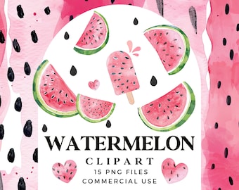 Watercolour Watermelon Clipart - One in a Melon First Birthday Clipart Bundle - Watercolour Seamless Patterns - Summer Clipart