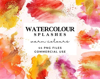 Watercolour Splash Clipart in Warm Colours - Digital Watercolour Splatter - Gold Watercolour Washes - Pink, Orange, Red and Yellow Splashes