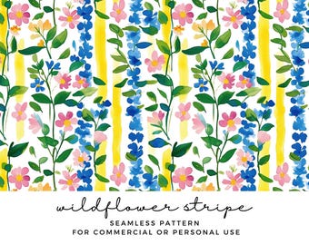Wildflower Stripe Seamless Pattern - Spring Flower Scrapbook Paper - Floral Repeating Pattern - Sublimation Design - Commercial Use