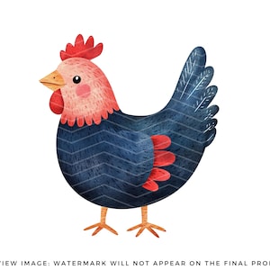 May include: A watercolor illustration of a blue and red hen. The hen has a red comb and wattle, and a blue body with red accents. The hen is standing on a white background.