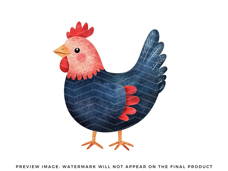 May include: A watercolor illustration of a blue and red hen. The hen has a red comb and wattle, and a blue body with red accents. The hen is standing on a white background.