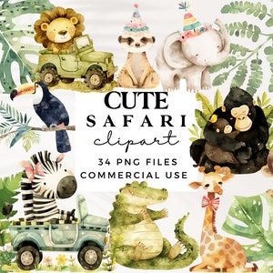 Niedliche Safari Tiere Clipart - Aquarell Clipart für kommerzielle Nutzung - PNG Dateien - Safari Baby Shower - Kinderzimmer Wand Kunst Clipart