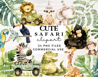 かわいいサファリ動物のクリップアート - 商用利用可能な水彩クリップアート - PNG ファイル - サファリ ベビーシャワー - 保育園の壁アート クリップアート