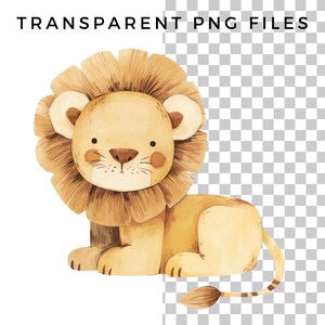 May include: A watercolor illustration of a cute cartoon lion with a brown mane and a light brown body. The lion is sitting with its tail curled behind it.