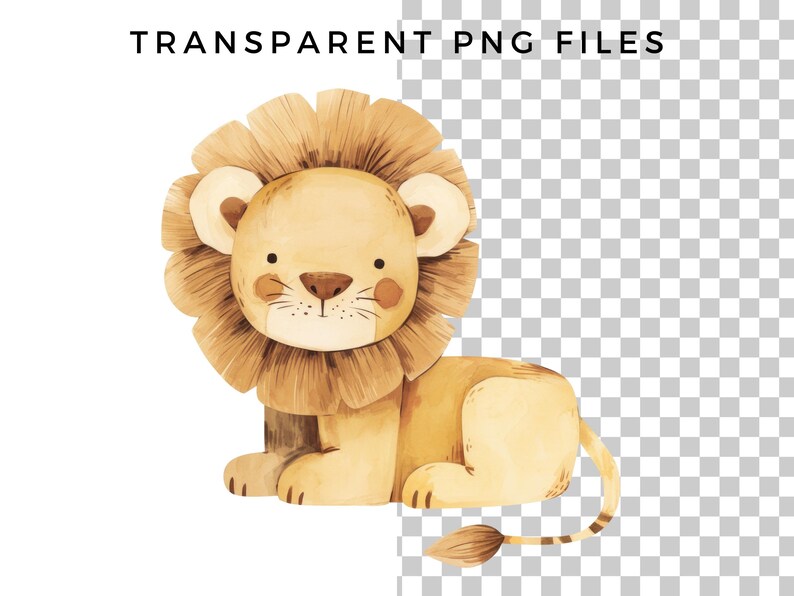 May include: A watercolor illustration of a cute cartoon lion with a brown mane and a light brown body. The lion is sitting with its tail curled behind it.