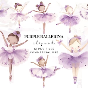 Conjunto de imágenes prediseñadas de bailarinas lilas: imágenes PNG de bailarinas de ballet moradas para decoración de habitaciones de niñas, invitaciones para fiestas y gráficos para baby shower. Imágenes prediseñadas de danza.