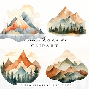 15 x imágenes prediseñadas de montaña abstracta - Paquete de imágenes prediseñadas de paisaje de acuarela - Ilustraciones de paisajes de fondo - PNG transparentes de uso comercial