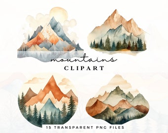 15 x Abstract Mountain Clipart - Watercolor Landscape Clipart Bundle - Background Scenery Illustrations - Commercial Use Transparent PNGs