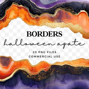 Halloween Agate frontières Clipart - géode cristal PNG - marbre noir, Orange et violet - Clipart cadre scintillant - usage Commercial
