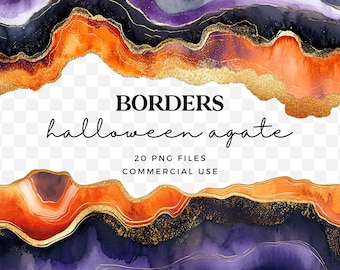 Halloween Agate Borders Clipart - Geode Crystal PNG - Black, Orange & Purple Marble - Sparkly Frame Clipart - Commercial Use