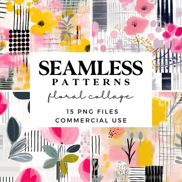 Floral Collage Seamless Patterns - Bright Flowers Digital Backgrounds - Abstract Watercolour - Printable Wrapping Paper - Scrapbook Paper