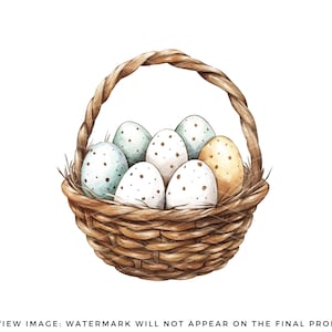 May include: A brown wicker basket filled with speckled and solid colored Easter eggs.