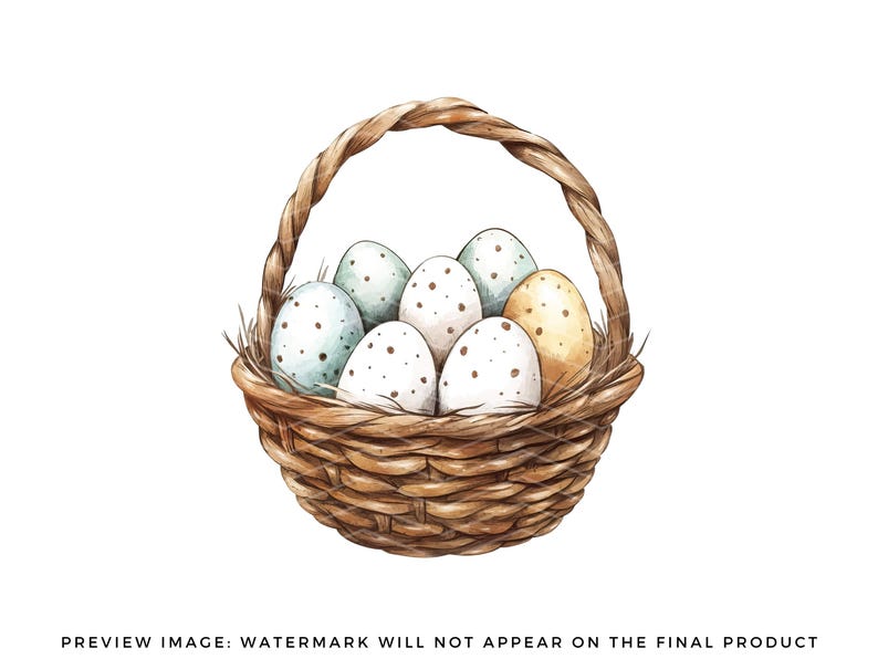 May include: A brown wicker basket filled with speckled and solid colored Easter eggs.