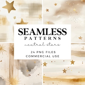 Op de afbeelding: Een set van 24 naadloze digitale papierpatronen met neutrale sterren op een beige achtergrond. De patronen zijn perfect voor het maken van digitale of gedrukte projecten, zoals scrapbooking, kaartmaken en uitnodigingen.
