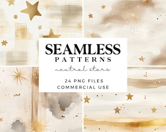 Neutral Stars Seamless Patterns - Beige and Gold Digital Backgrounds - Pretty Boho Wrapping Paper - Scrapbook Paper - Sublimation Designs