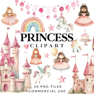 Prinses clipartset - schattige prinses en eenhoorn clip art bundel - kunst aan de muur kinderkamer, uitnodigingen voor kinderfeestje, babyshowers - commercieel gebruik png