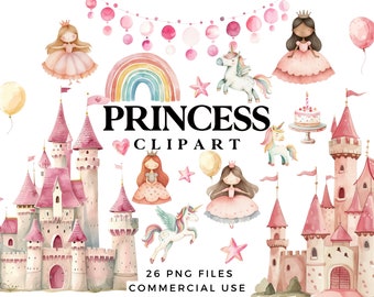 Princess Clipart Set - Cute Princess & Unicorn Clip Art Bundle - Nursery Wall Art, Kids Party Invites, Baby Showers - Commercial Use PNGs