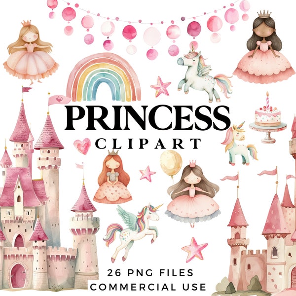 Princess Clipart Set - Cute Princess & Unicorn Clip Art Bundle - Nursery Wall Art, Kids Party Invites, Baby Showers - Commercial Use PNGs