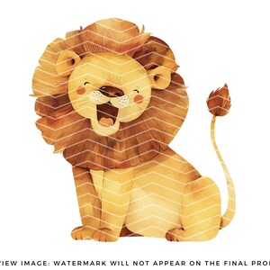 May include: A cartoon illustration of a brown and yellow lion with a large mane, sitting with its mouth open and tongue sticking out. The lion has a small tail with a tuft of fur at the end.