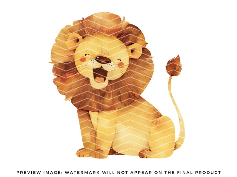 May include: A cartoon illustration of a brown and yellow lion with a large mane, sitting with its mouth open and tongue sticking out. The lion has a small tail with a tuft of fur at the end.
