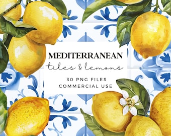 Watercolour Lemons Clipart - Blue Mediterranean Tiles Clipart Bundle - Summer Clipart - Tile Patterns - Amalfi Coast - Citrus Clipart