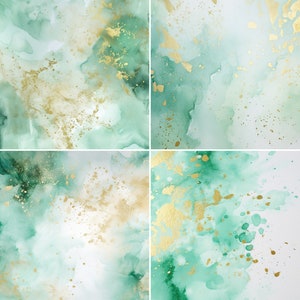 K&ouml;nnte beinhalten: Abstrakter Aquarellhintergrund mit gr&uuml;nen und goldenen Farbspritzern. Der Hintergrund ist hellgr&uuml;n mit dunkleren gr&uuml;nen und goldenen Spritzern &uuml;ber die gesamte Fl&auml;che verteilt. Die goldenen Spritzer sind klein und &uuml;ber den gesamten Hintergrund verteilt.